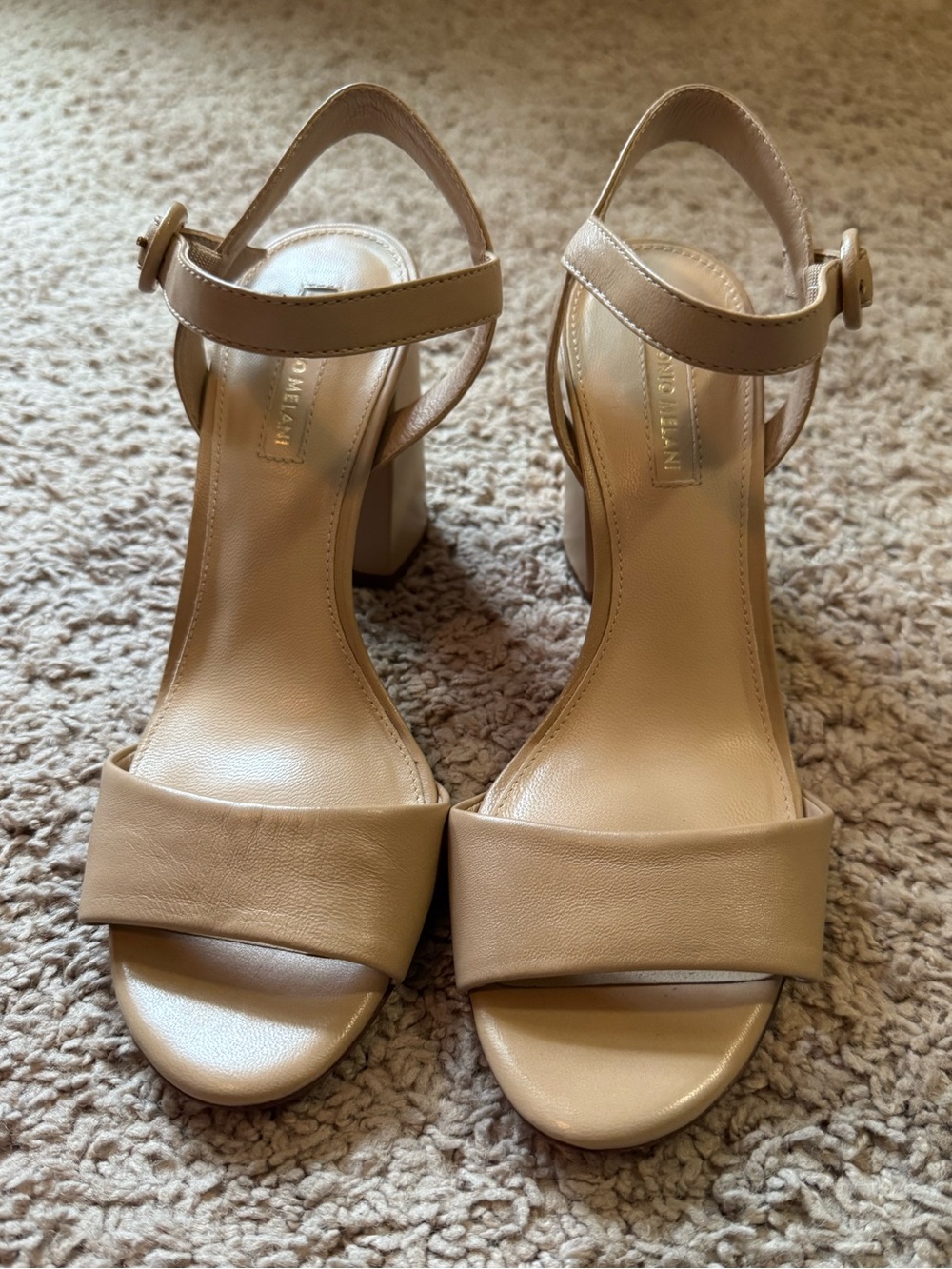 ANTONIO MELANI  Beige Block Heel Ankle Strap Sandals